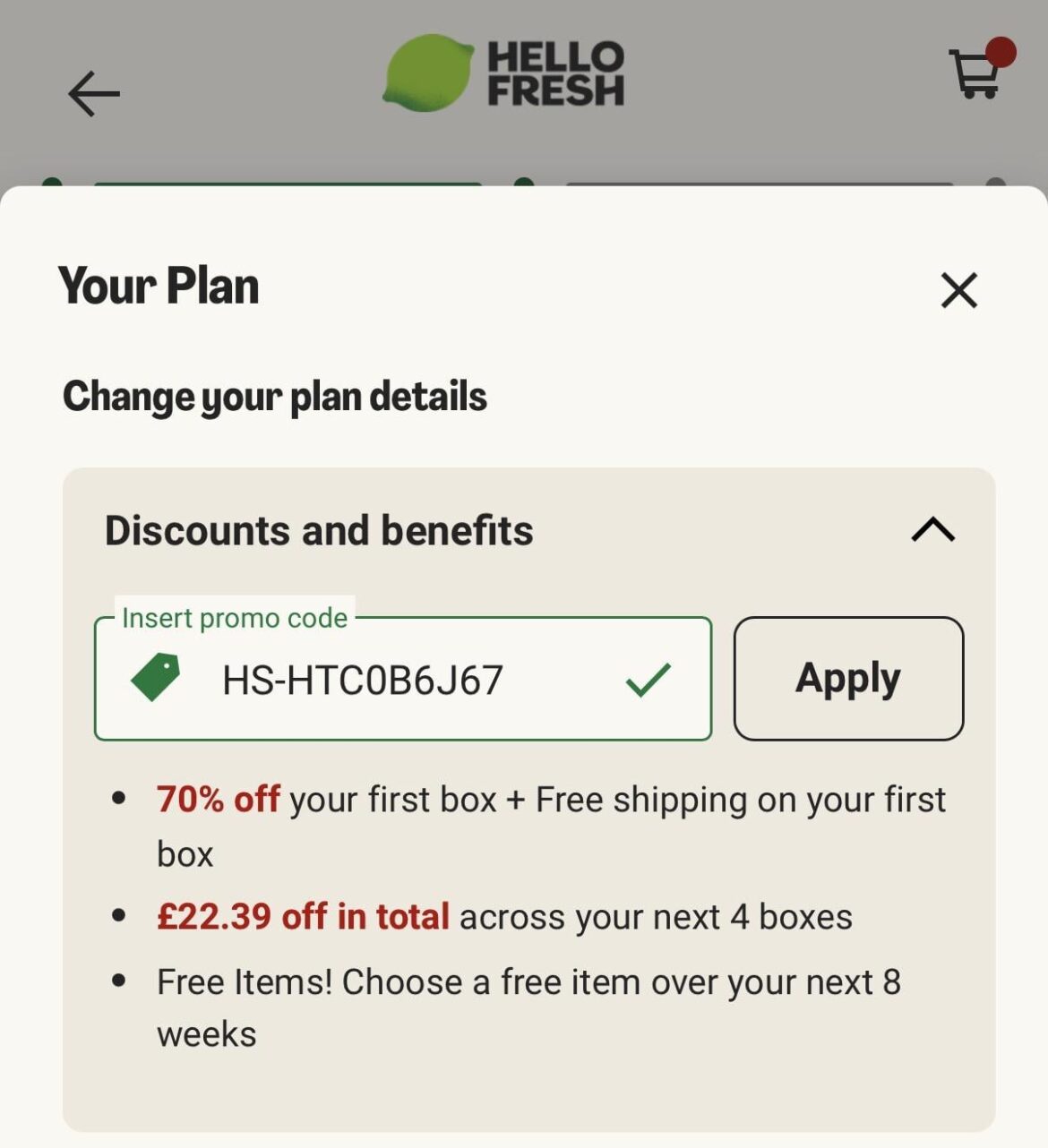 HS-HTC0B6J67 -> 70% off your first box and £22 off across next 4 boxes + Free Items for 8 weeks