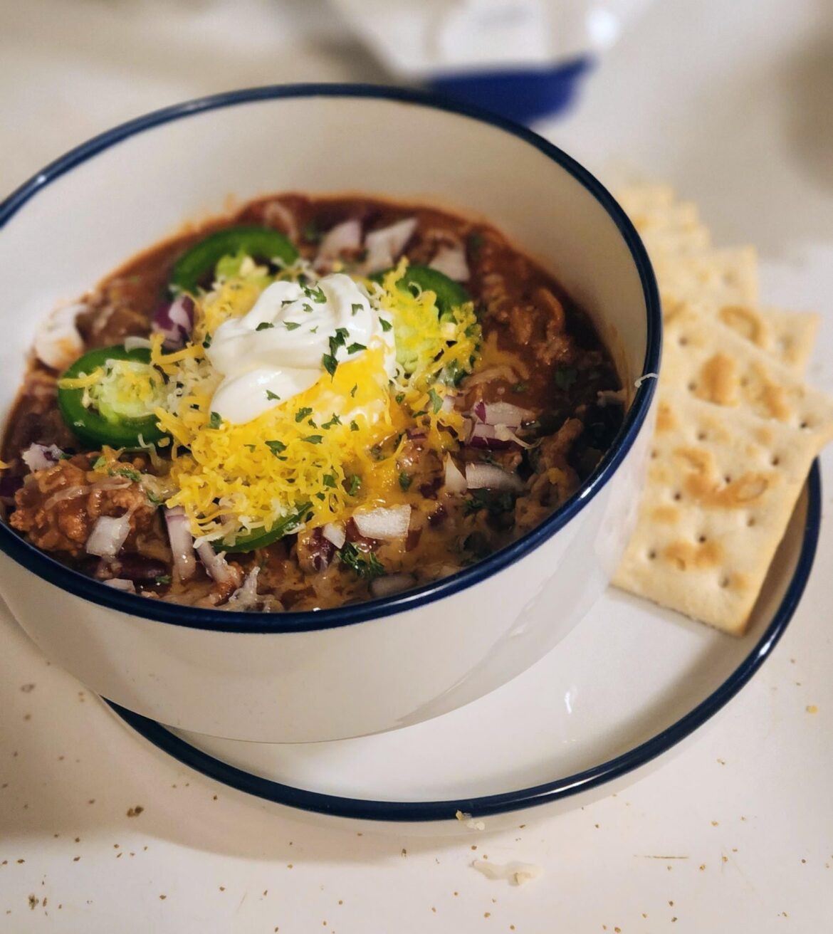Tis the season, just a simple chili and saltines.