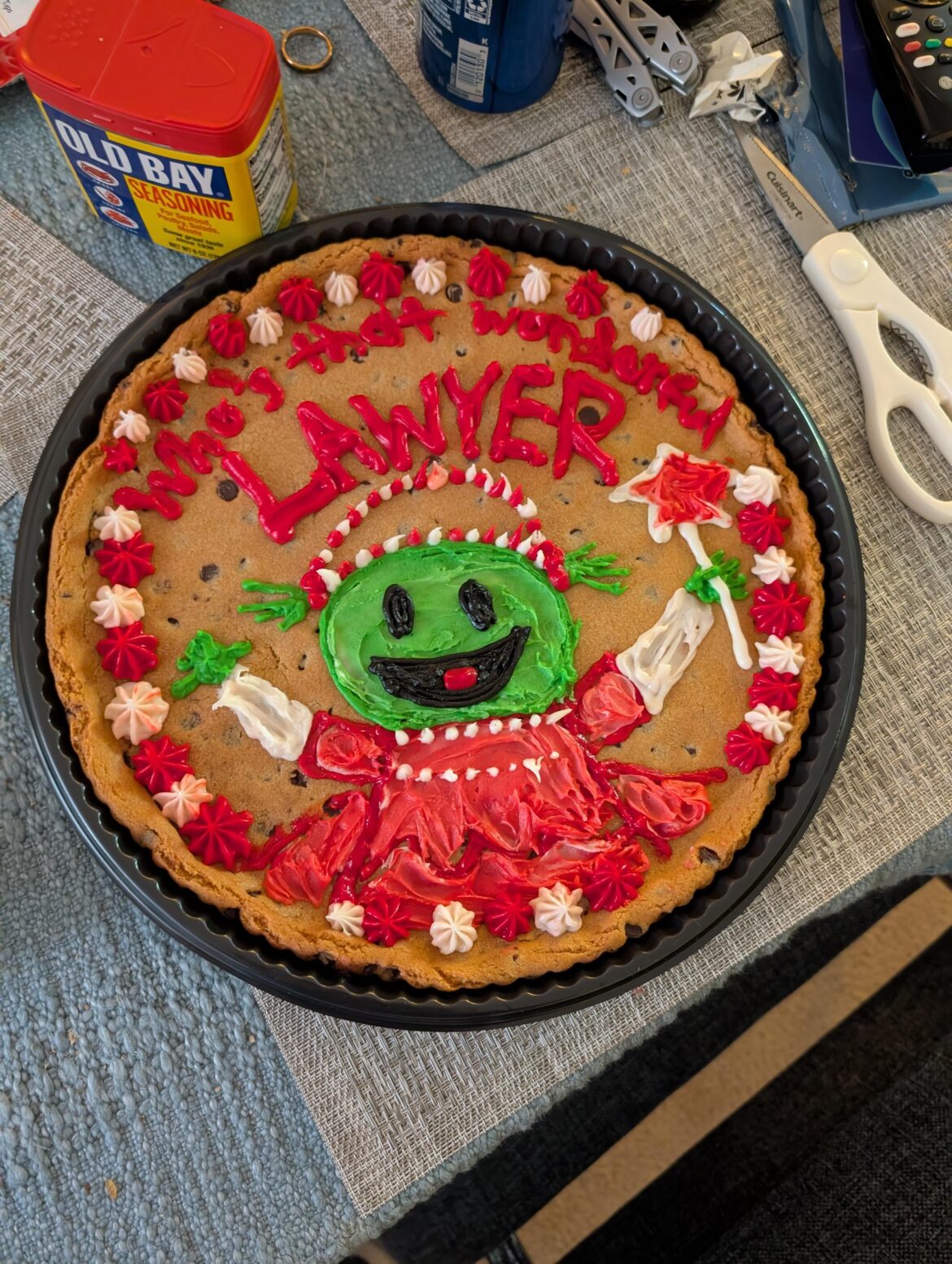 My brother passed his bar exam. I decorated a grocery store cookie cake based on a joke we shared about the exam months ago.