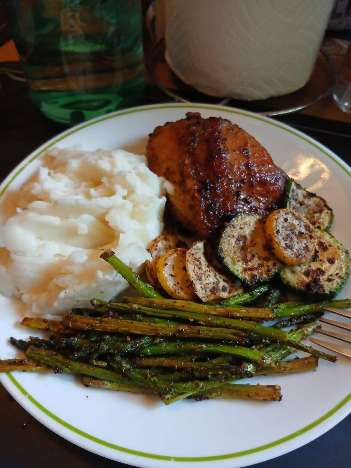 Homemade sticky chicken with mash and asparagus!