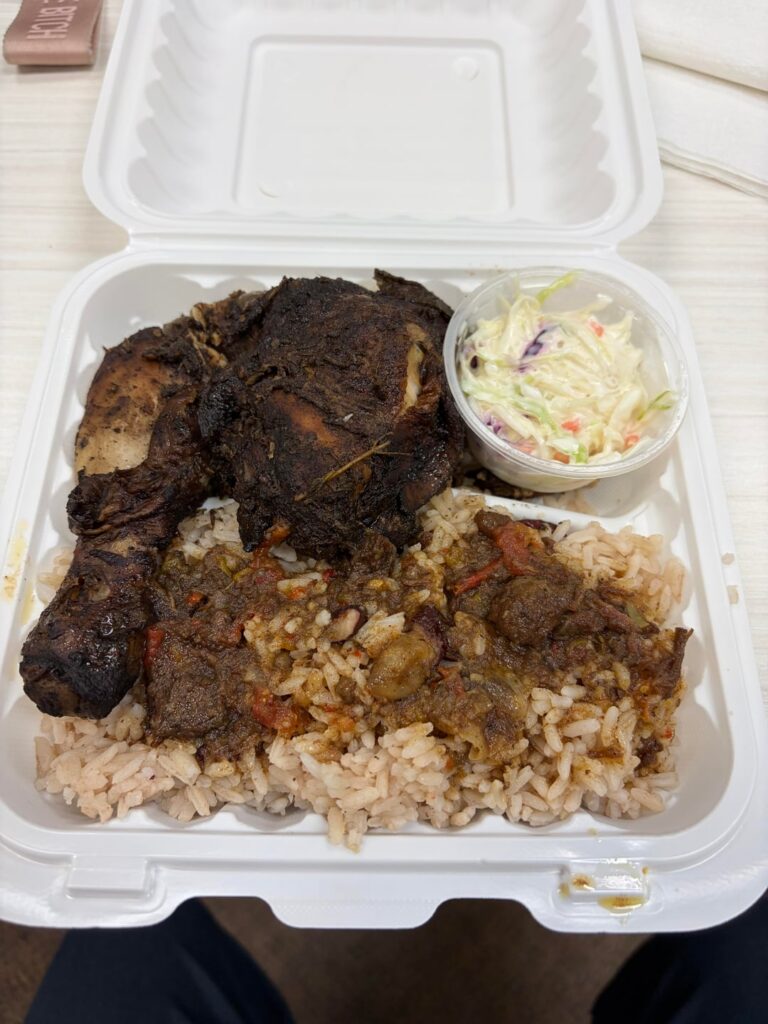 Jerk chicken, with coleslaw, rice and peas at Hwy 404 & Steeles Flea Market: Auntie Lavern’s
