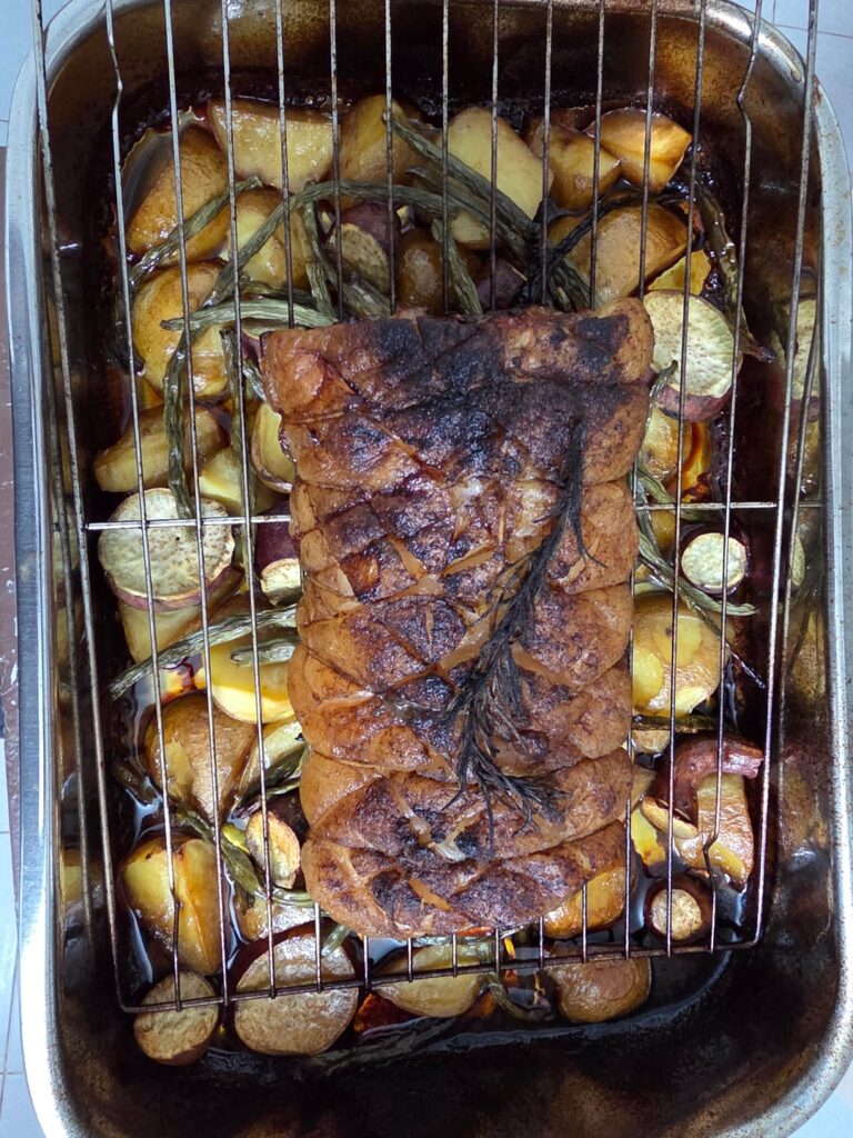 Weber Q3200 Tied Pork Shoulder over Assorted Potatoes, French Beans, Chillies and Stout Beer