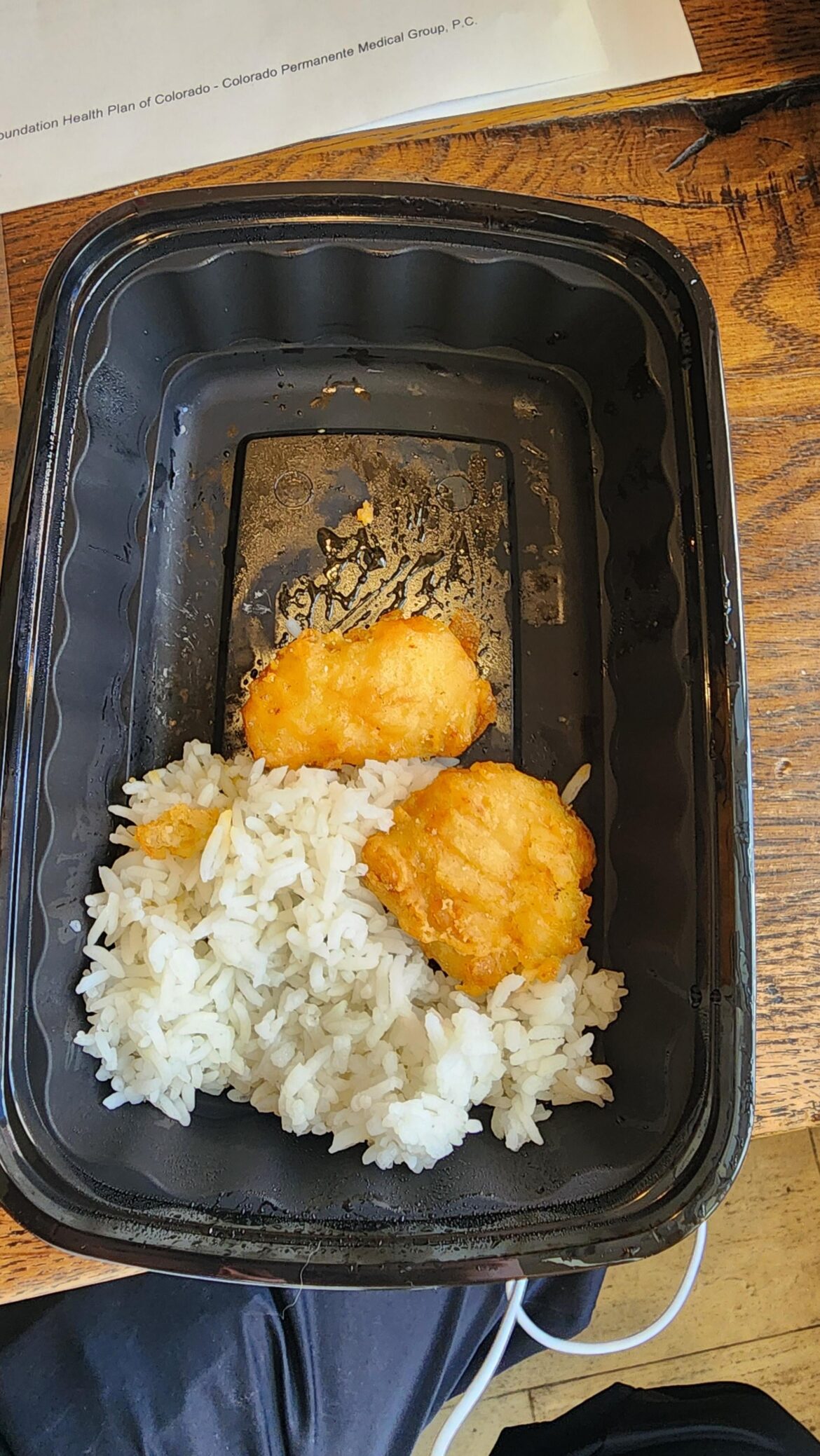 A few weeks ago I posted my work provided lunch. Somehow it got worse. Here's my "orange chicken" for today.