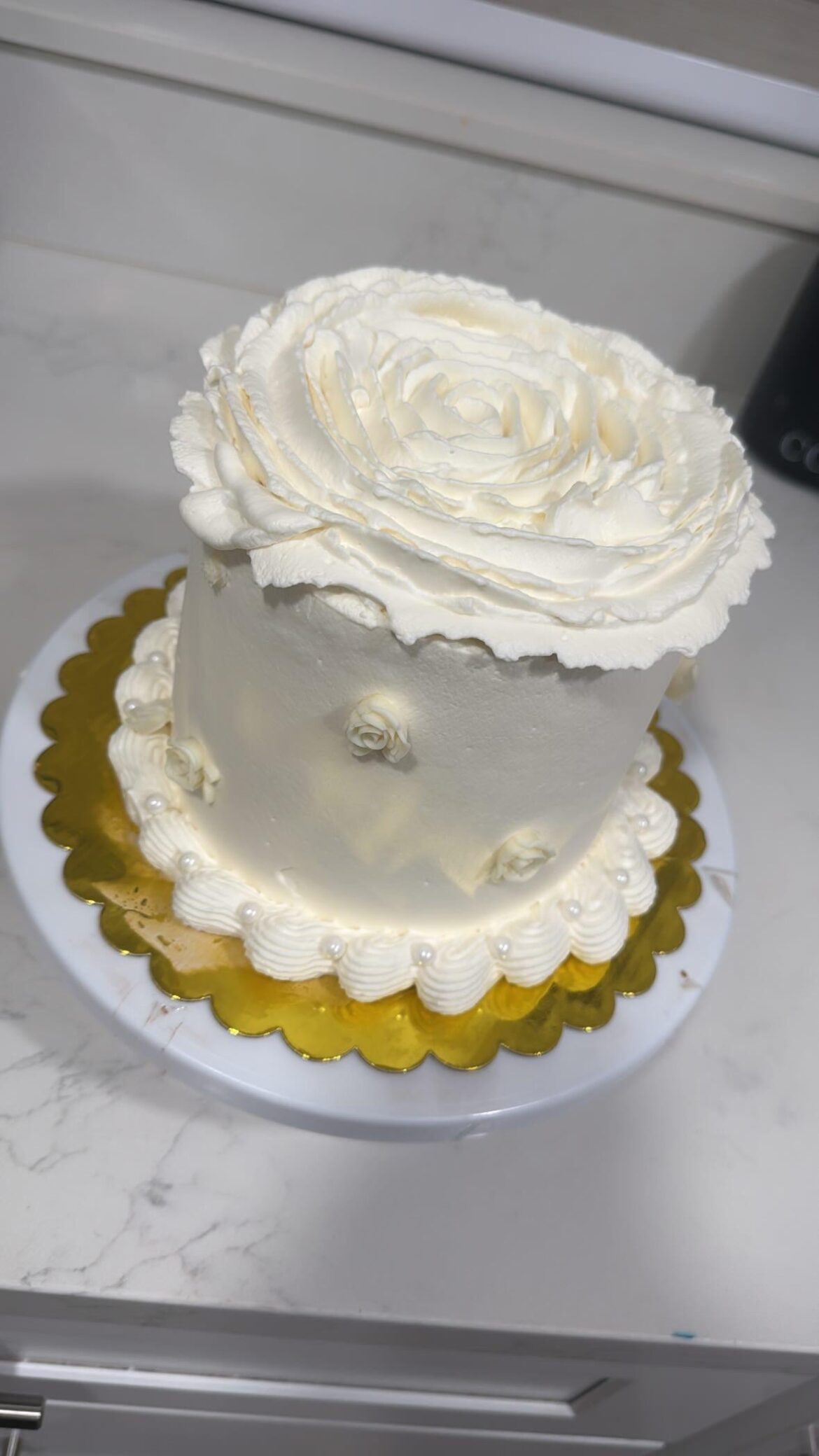 A cake I made for fun, decided to try a rose piping with whipped cream
