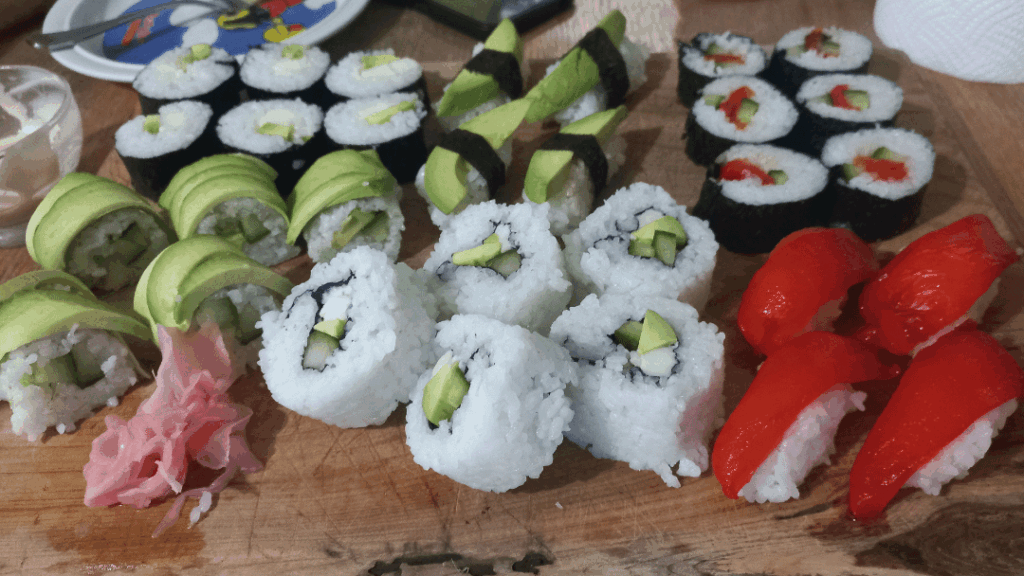 Sushi night! I tried a marinated roasted capsicum 'faux fish'.