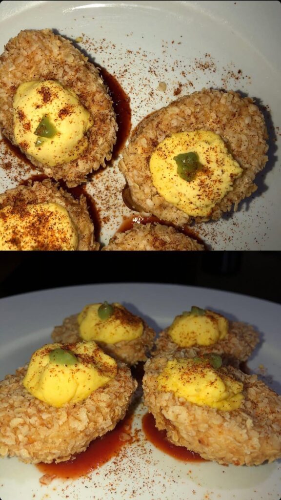 Fried oat breaded egg whites deviled egg