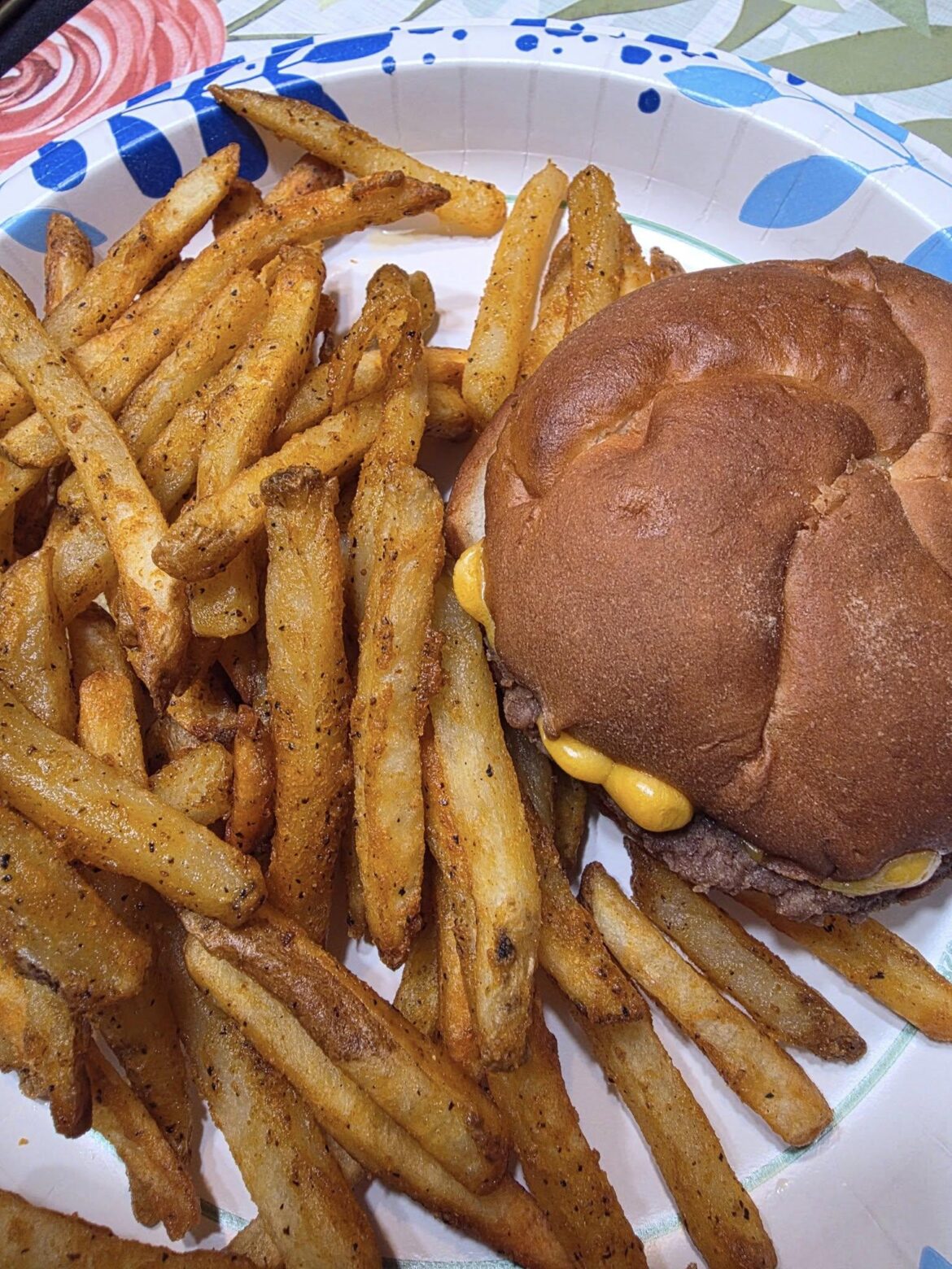 Homemade cheeseburger and Seasoned Fries