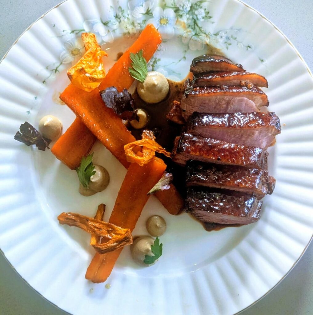 Soy Glazed Duck, Mushroom Puree, Caramelised Carrot