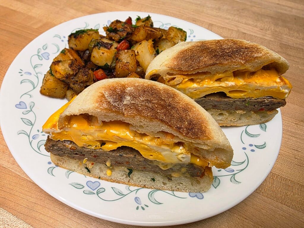 Sausage egg n cheese with [Homemade] sausage and skillet fries