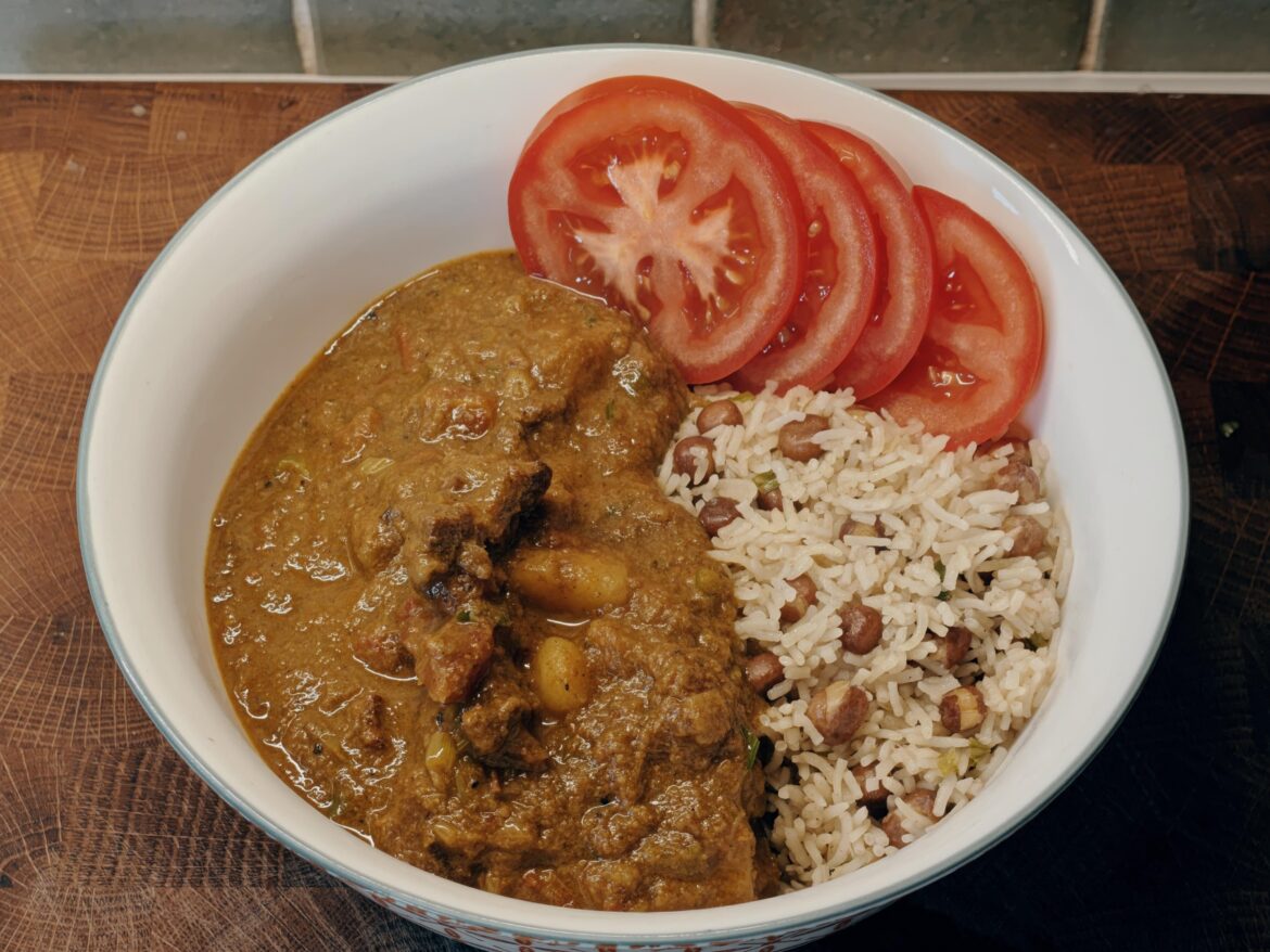 Curry goat, rice and peas. Curry goat, rice and peas.