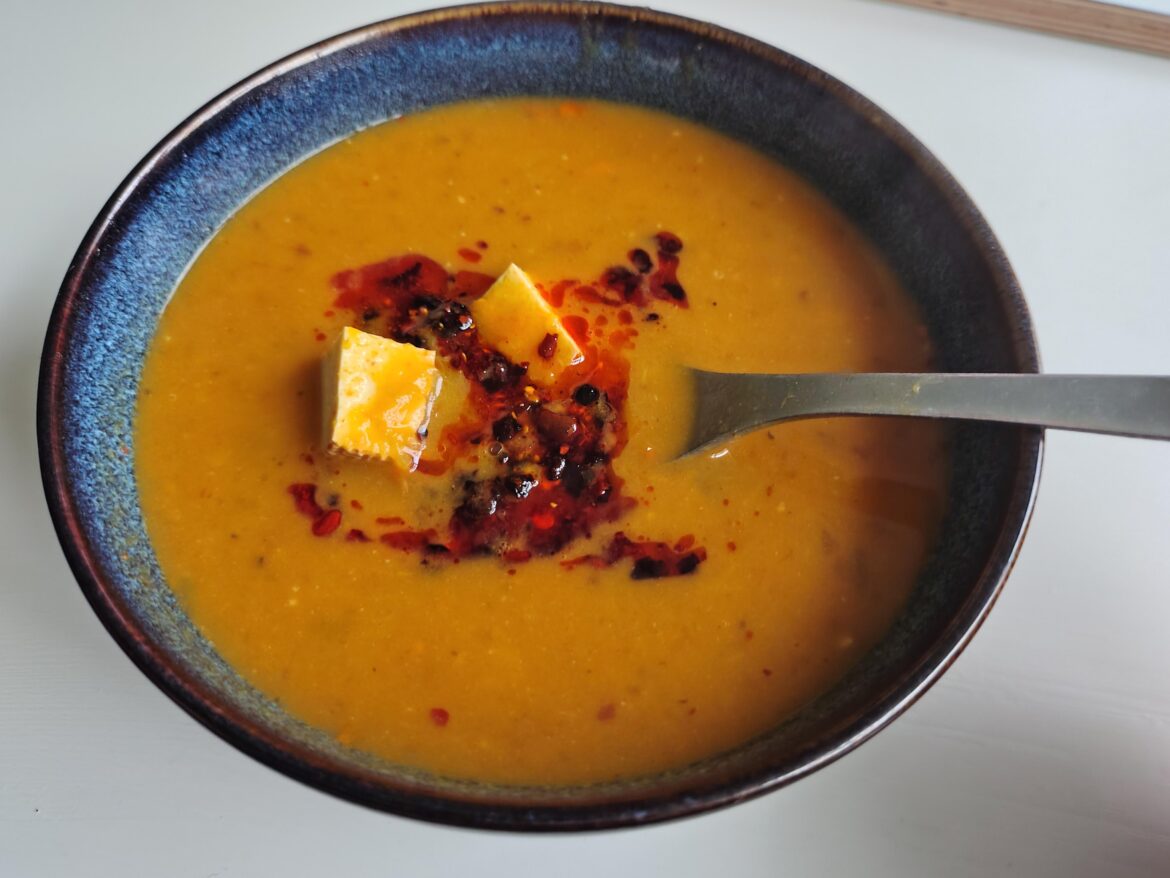 Hokkaido pumpkin and chili crisp soup with smoked tofu
