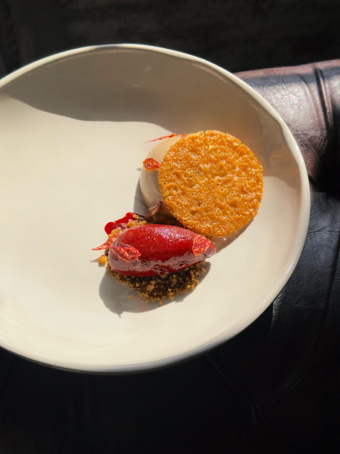 Hazelnut custard, mulberry sorbet, coconut tuile,  toasted white chocolate crumble