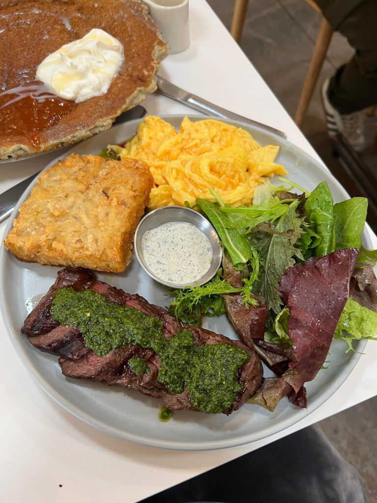 Breakfast Plate and Cornmeal Mochi Pancake from Yang’s Kitchen. Breakfast Plate and Cornmeal Mochi Pancake from Yang’s Kitchen.