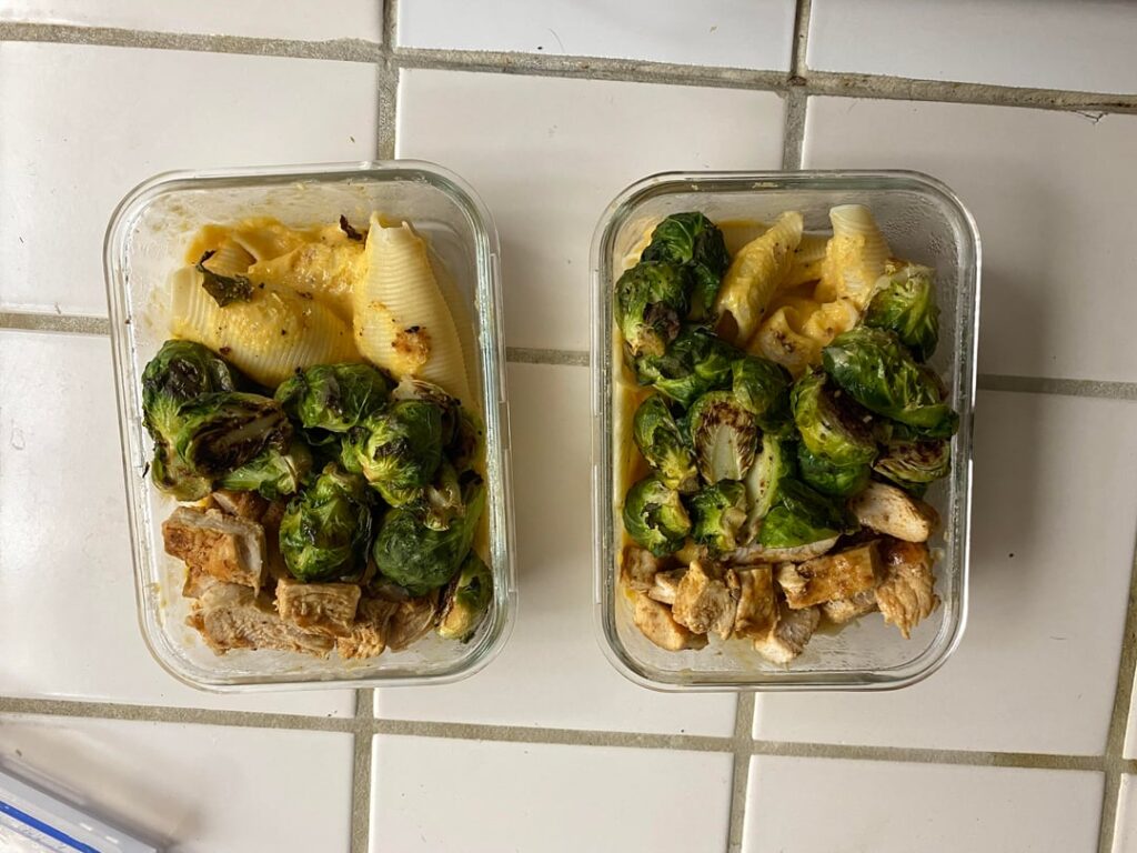 Butternut squash Mac with Brussel sprouts and chicken