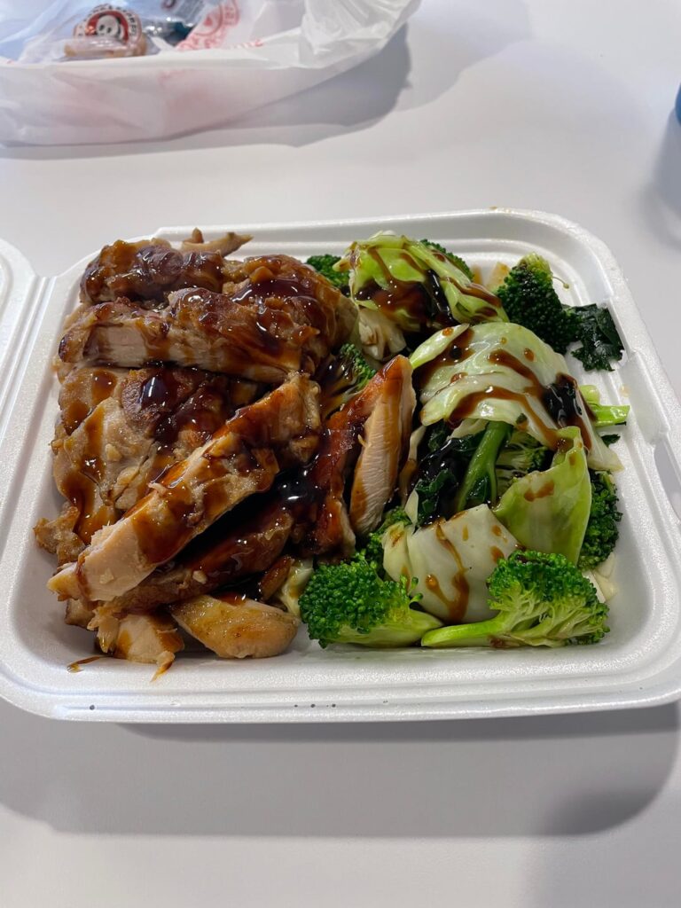 Panda Express Plate with Double Teriyaki Chicken and Super Greens plus Teriyaki Sauce Packet 750cal 75g Protein