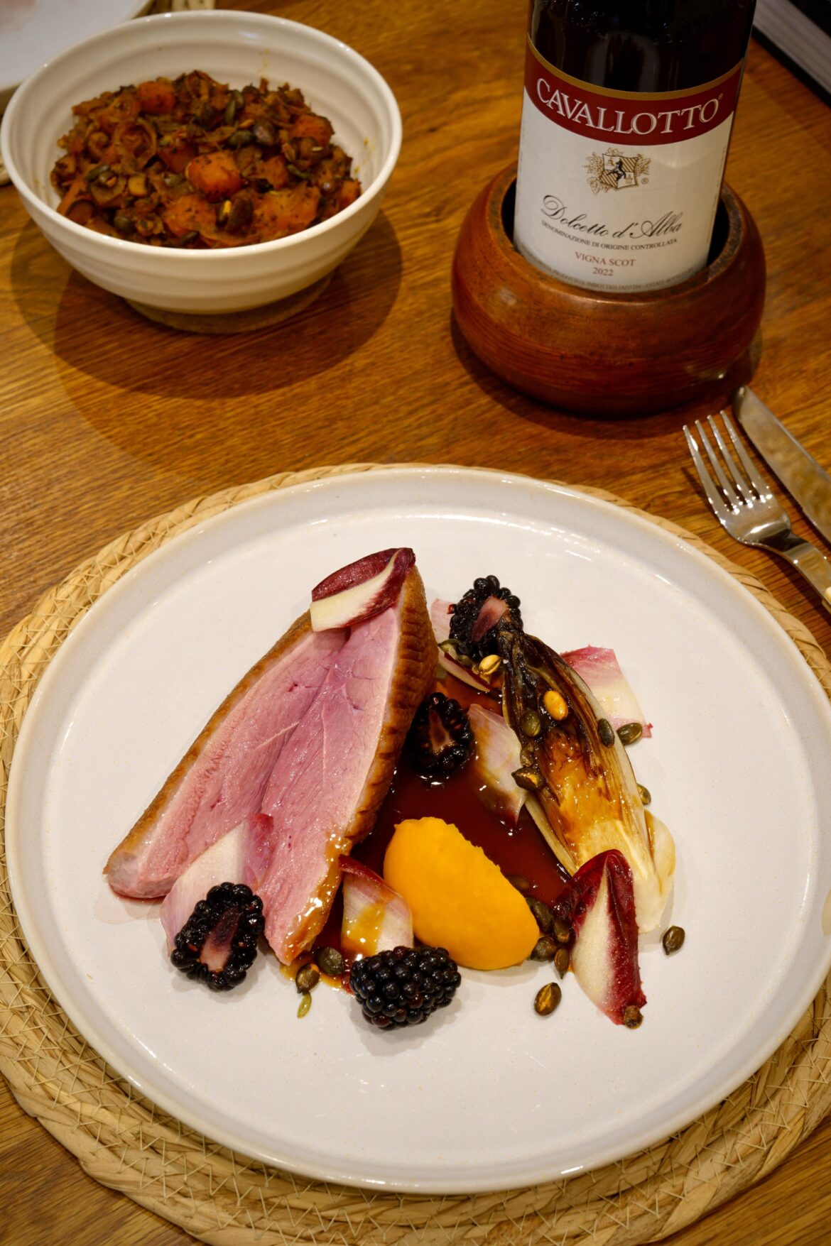 Roast Duck Crown, Crown Prince Squash, Braised Chicory, Chicken Jus, Squash Hash Roast Duck Crown, Crown Prince Squash, Braised Chicory, Chicken Jus, Squash Hash