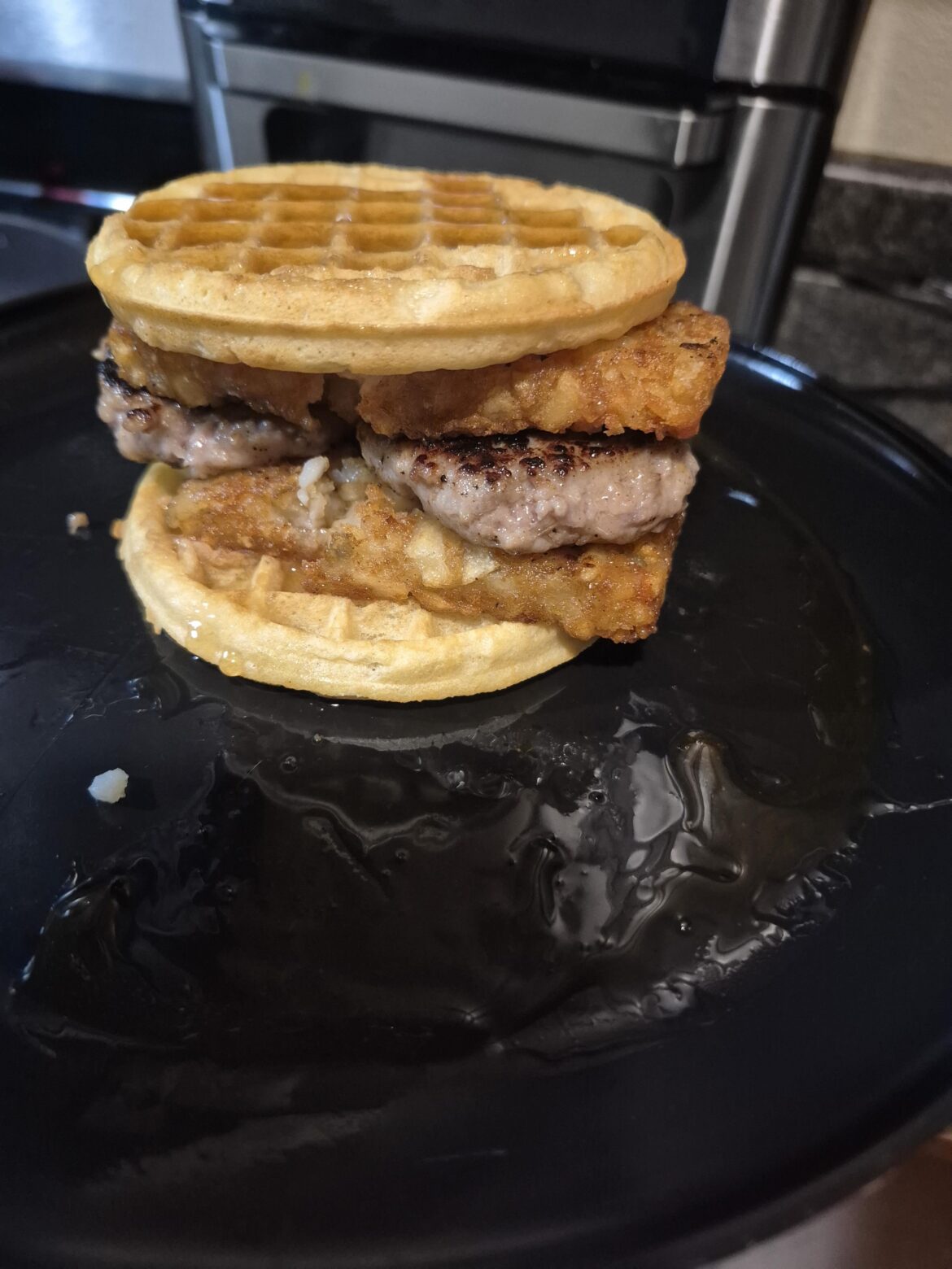 Sausage hashbrown waffle sandwich