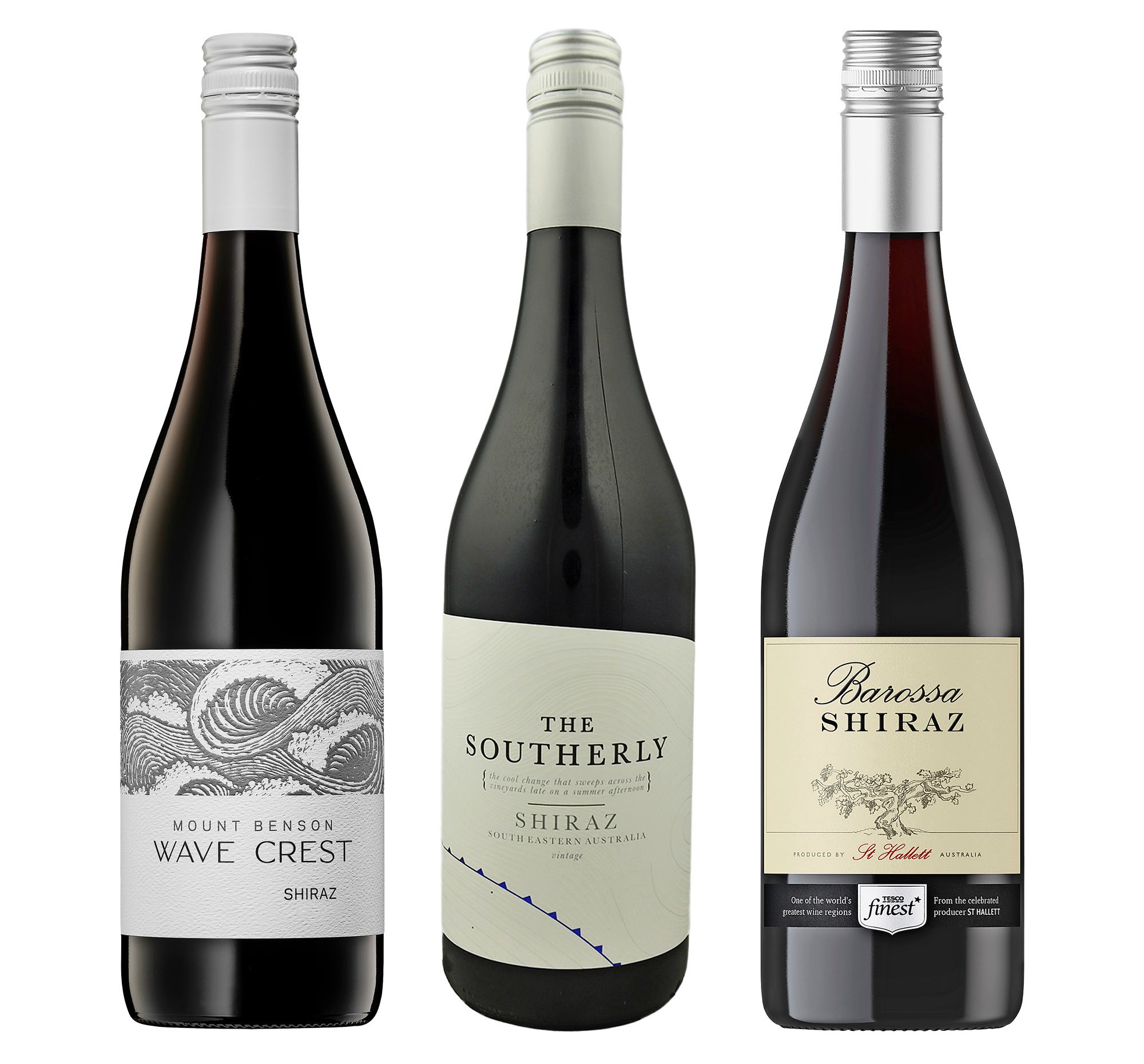 Three bottles of Shiraz wine: Mount Benson Wave Crest, The Southerly, and Barossa.