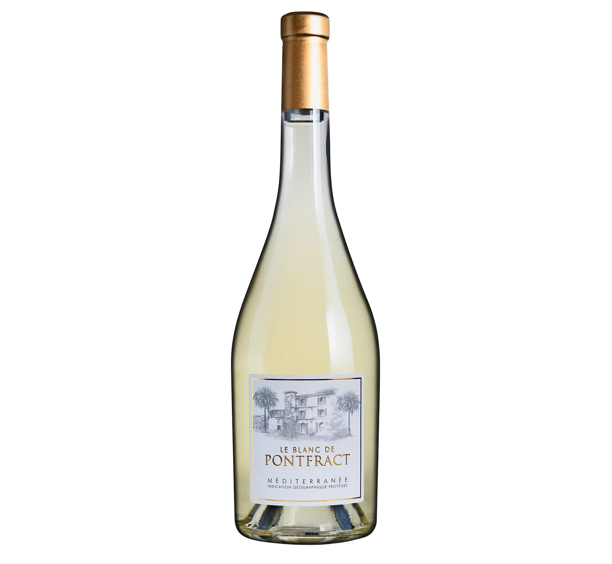 A bottle of Le Blanc de Pontfract Méditerranée white wine.