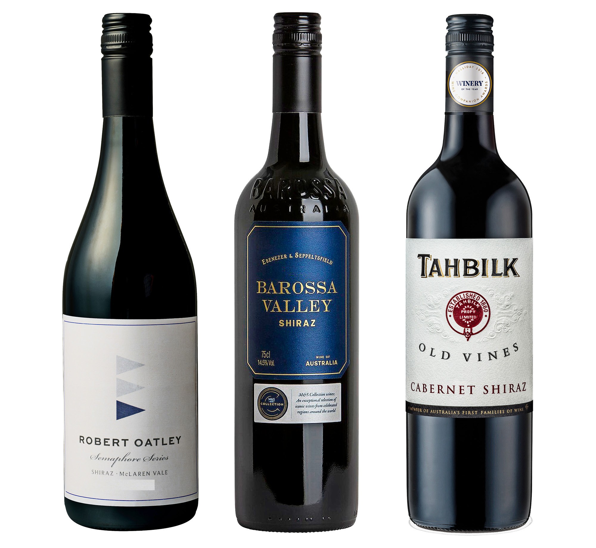 Three dark bottles of Australian wine, including Robert Oatley Semaphore Series Shiraz, Barossa Valley Shiraz, and Tahbilk Old Vines Cabernet Shiraz.