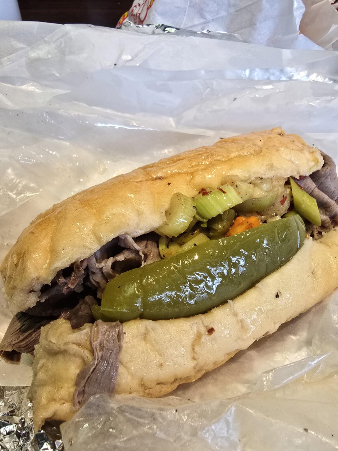 Mr. Beef dipped with sweet & hot peppers