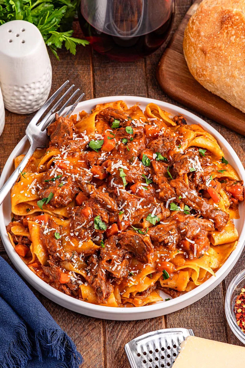 A close up shot beef short rib ragu.