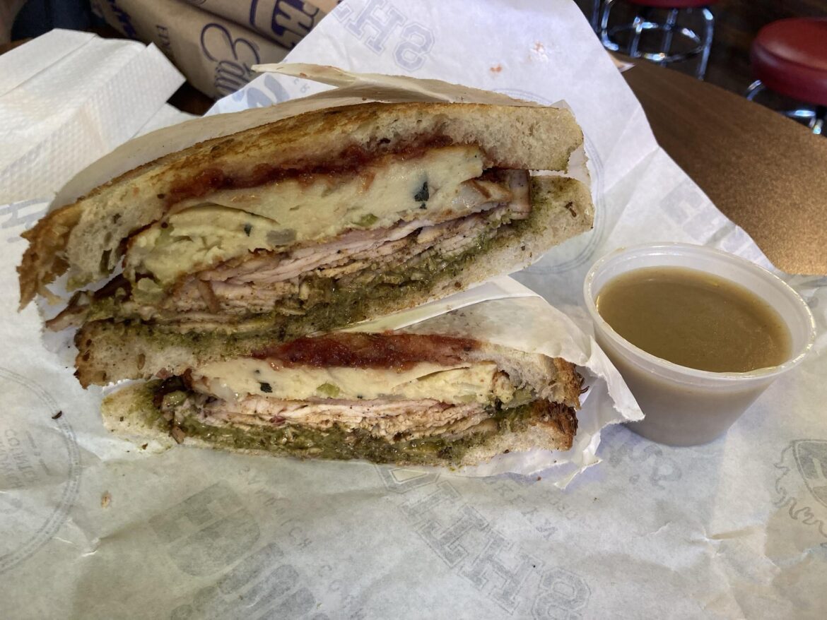 Turkey, fried stuffing, creamed spinach aioli, and cranberry dijon on rye