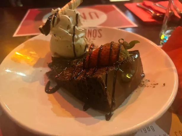 The Chocolate Fudge Cake with Ice Cream at Uno's Trattoria on the Newcastle Quayside