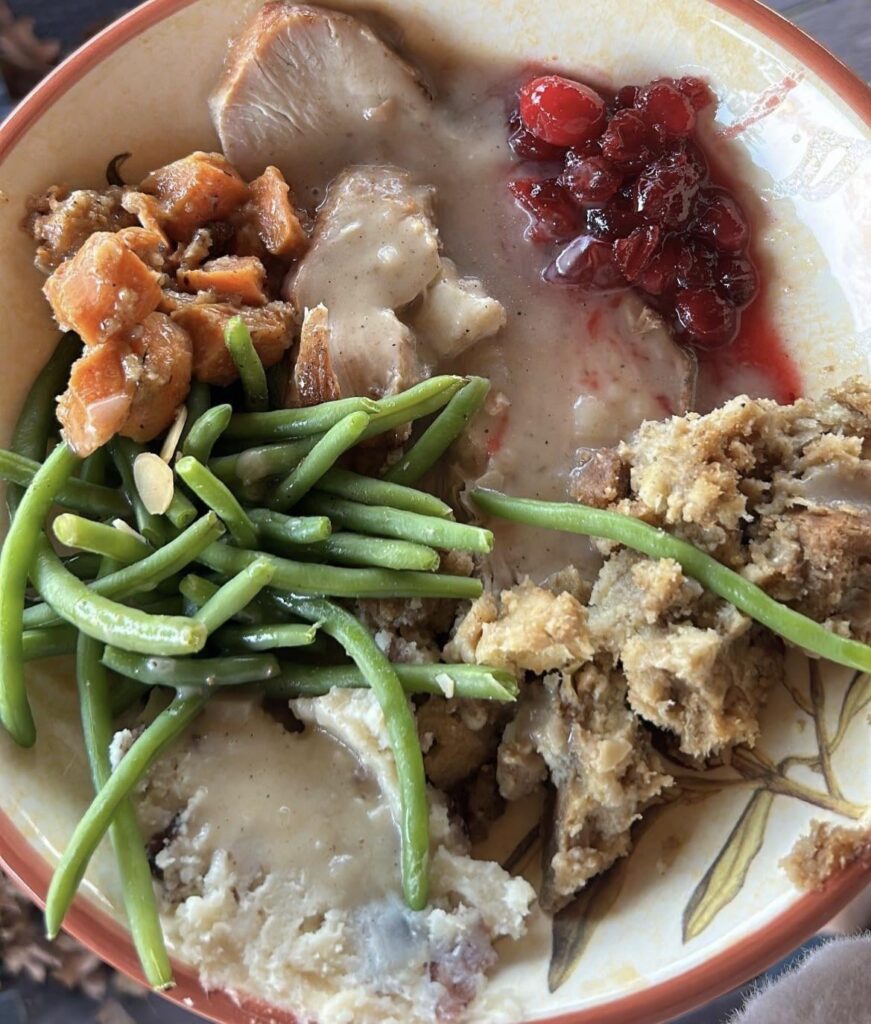 early Thanksgiving because my FIL is on hospice and nearing the end. Turkey breast, cranberry, green beans, mashed potato, sweet potato, stuffing and gravy