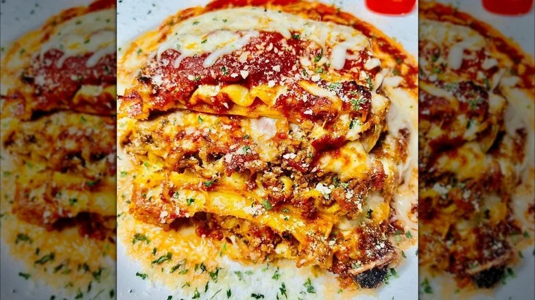 A slice of lasagna on a plate