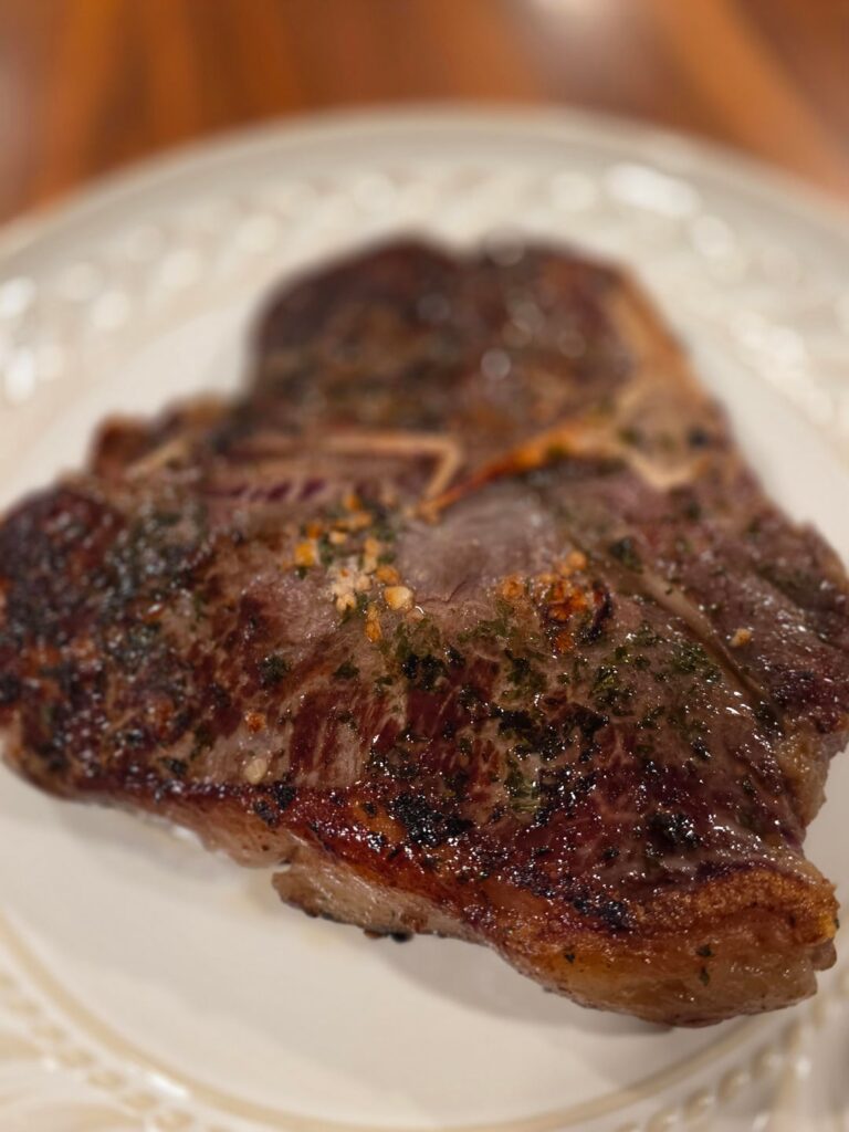 2 Porterhouse Steaks - 120 degrees for 9 hours, patted down with paper towels, then seared for about a minute on each side in a hot cast iron pan.