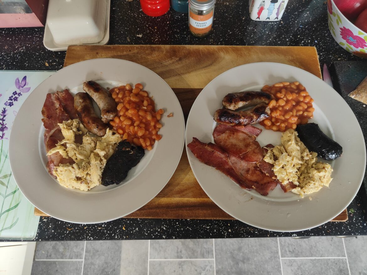 Mine and my lads breakfast this morning. All cooked in a big frying pan apart from beans.