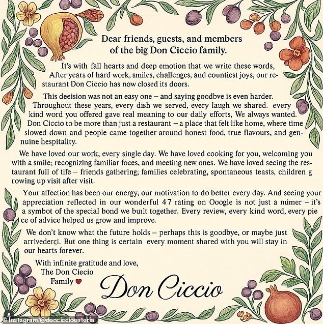 Families living opposite Don Ciccio said they had either given up on their local Italian years ago, or had never bothered with it in the first place (pictured: a separate closing statement)