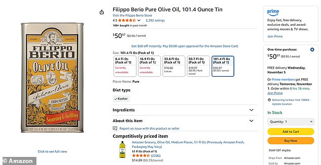 A nearly $51 tin of olive oil is also available to be purchased with SNAP on Amazon. There are some stipulations to the program, such as recipients cannot purchase pet food, alcohol, food or drinks containing CBD, or food that are sold hot, such as a rotisserie chicken.