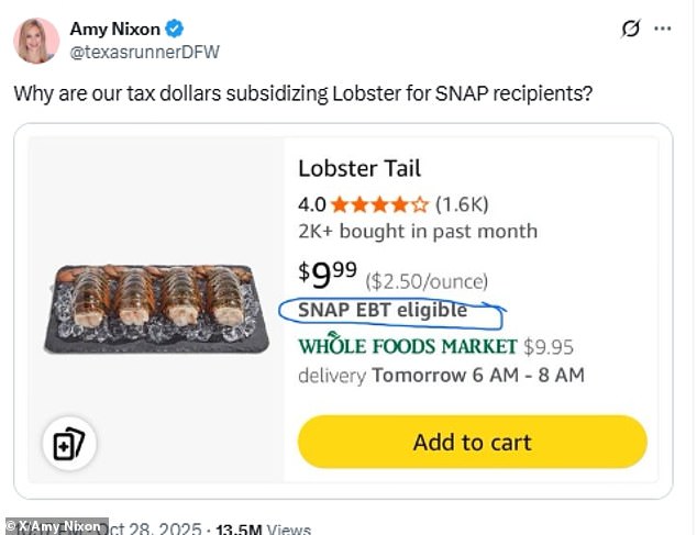 In a statement to the Daily Mail, Nixon said: 'While lobster tails are a whole, nutritious food, at $40 per pound, it means the remainder of meals for the month will be meager nutritional vacuums, like ramen noodles, or even skipped'