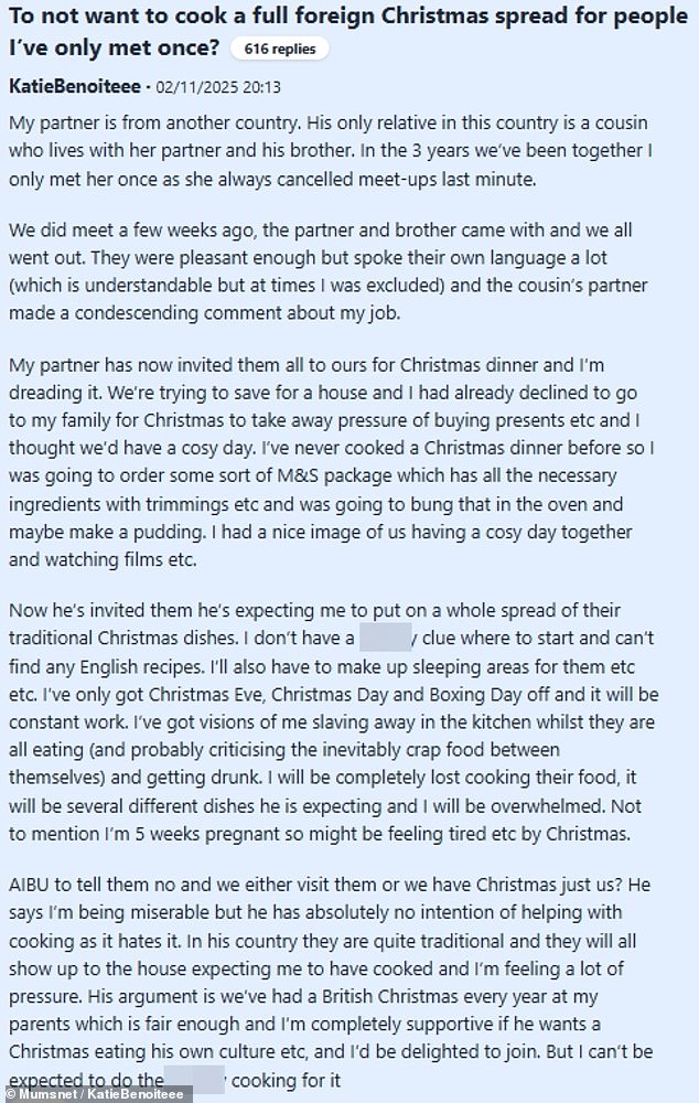 The Mumsnet user explained that she was now 'dreading' Christmas after her partner's demands