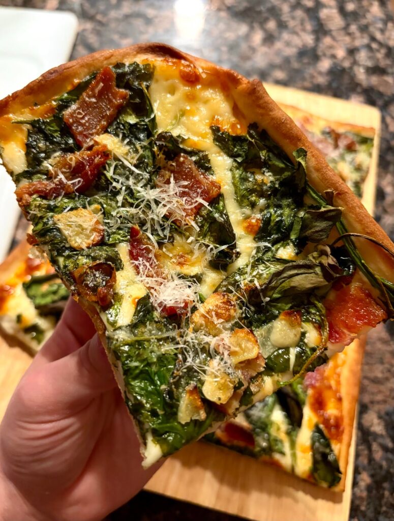 [homemade] bacon, garlic, & spinach white pie