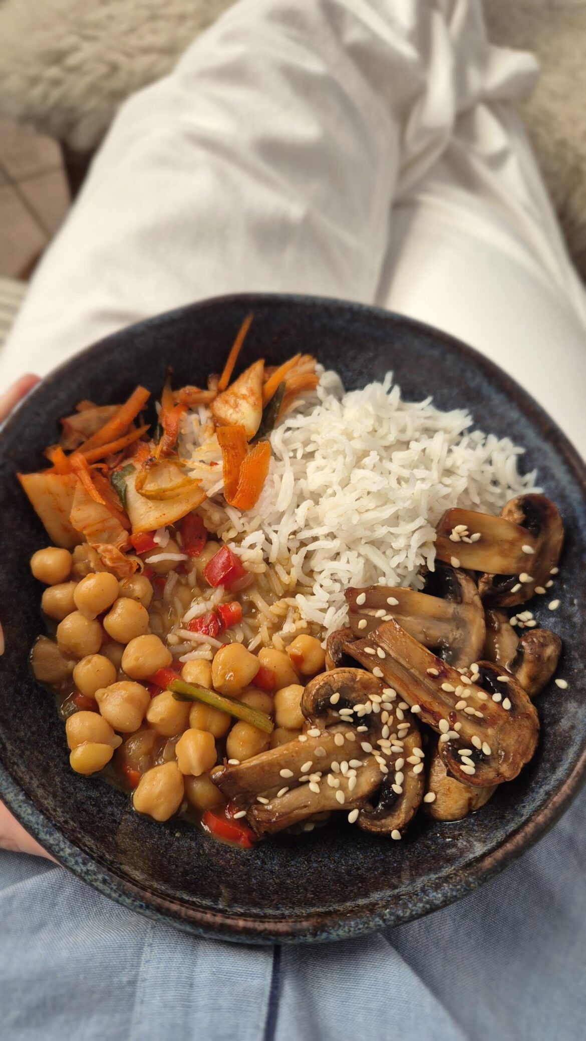 Coconut chickpea curry, caramelized mushrooms and kimchi. Simple but super nourishing