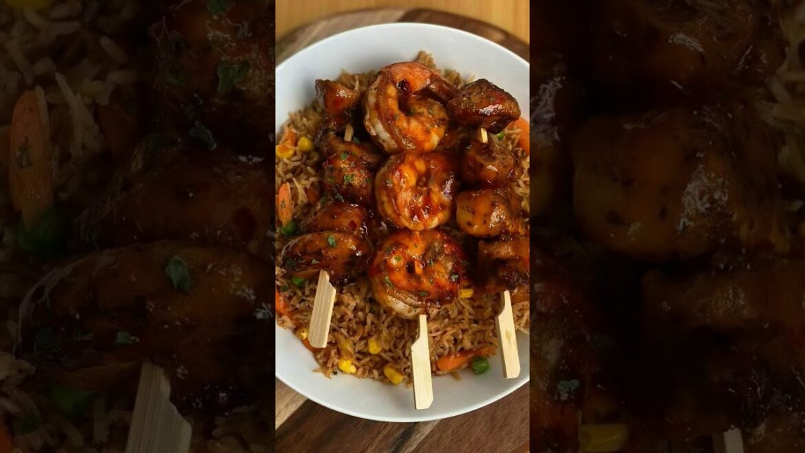 Teriyaki Glazed Chicken And Shrimp Skewers Over Homemade Fried Rice-Wonderful Dinner Idea