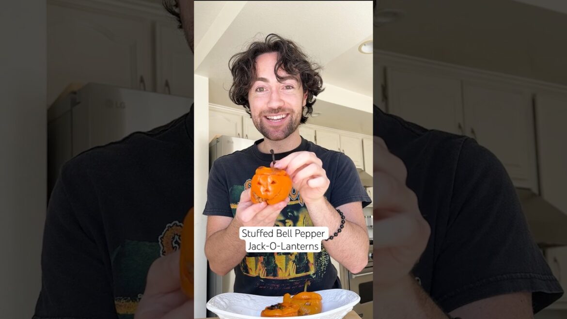 Stuffed Bell Pepper Jack-o-lanterns #easyrecipes #halloweenrecipe #fypage #stuffedpeppers #protein