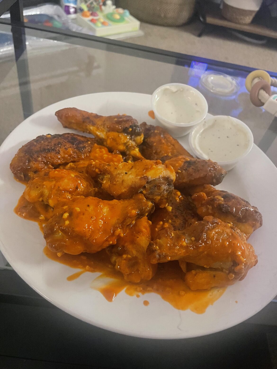 buff garlic wings I made the other day…go some to-go blue cheeses from the bar across the street…fried and tossed