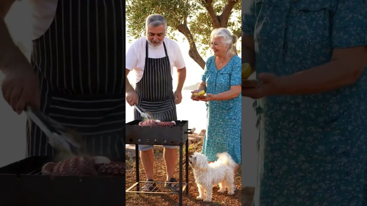 Greek Grandma & Grandpa with Dog Grilling Octopus on a Boat” #food #worldvillagecookery