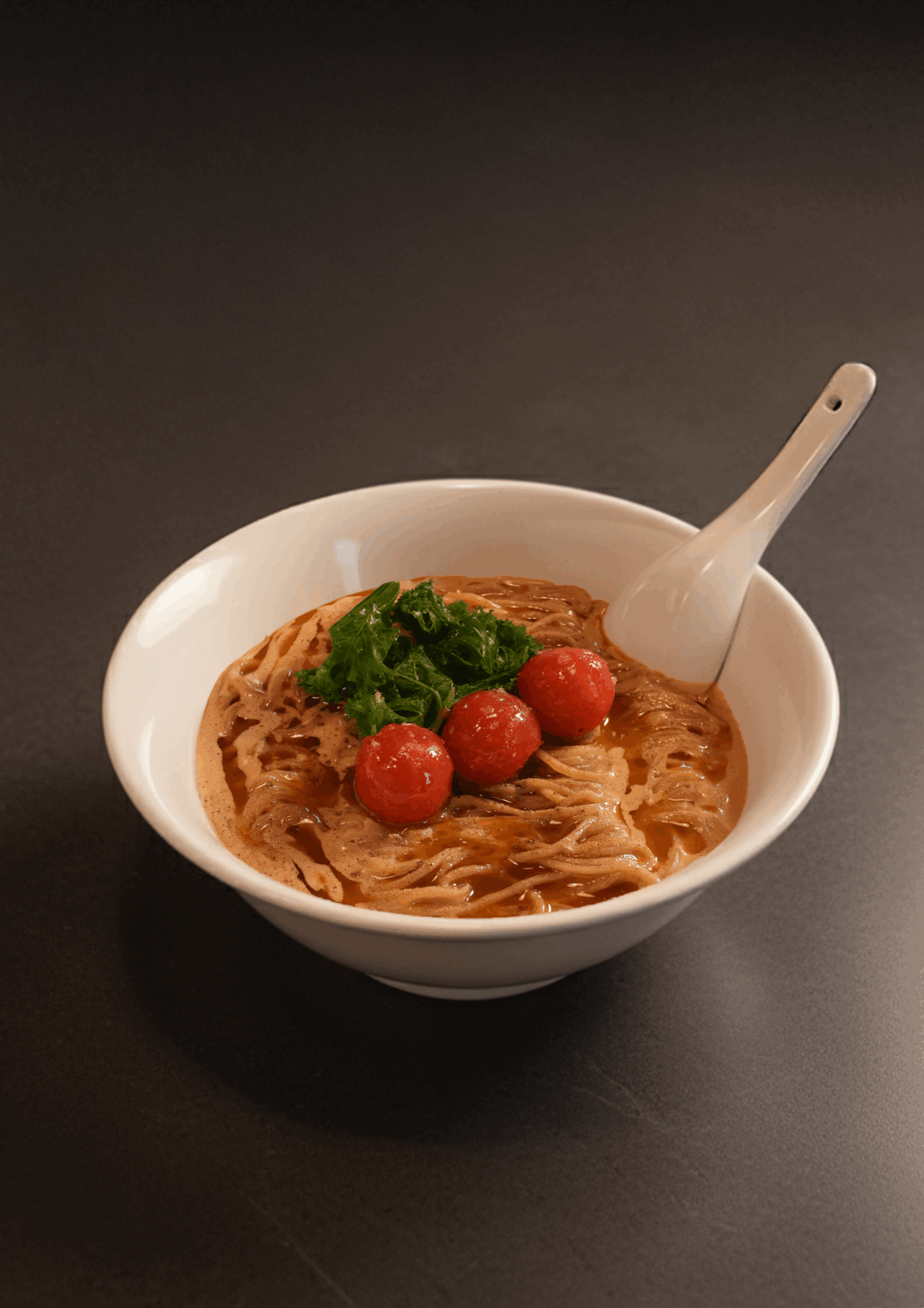 Miso & Sesame Tare, oat milk dashi, marmite broth, sesame & olive oil, piccolo tomatoes and kale | Finalising my veggie recipe for my first popup in the UK next month!