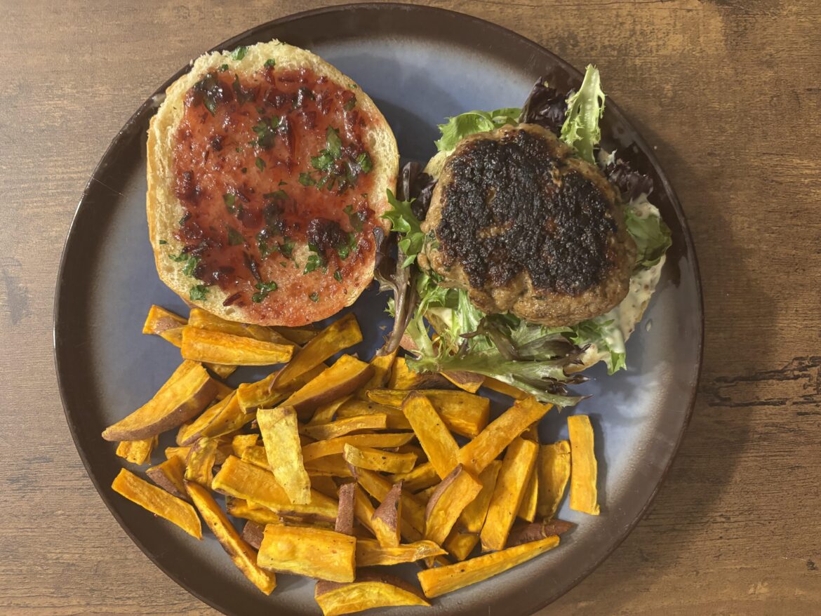 Herby Pork Burger and Cranberry Sauce with Sweet Potato Fries! 😋