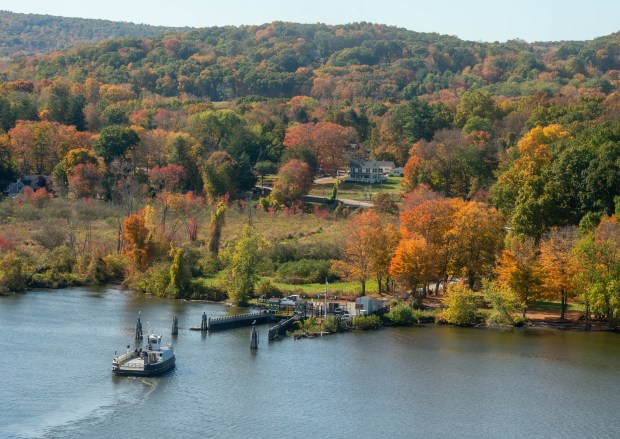 The Selden III gets ready to dock on the Chester side of the Chester - Hadlyme Ferry crossing along the Connecticut River on Thursday, Oct. 17, 2024. (Aaron Flaum/ Hartford Courant)