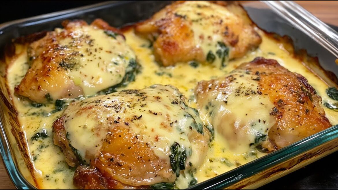 Baked chicken thighs in a creamy spinach sauce - a flavor you can't tear yourself away from!