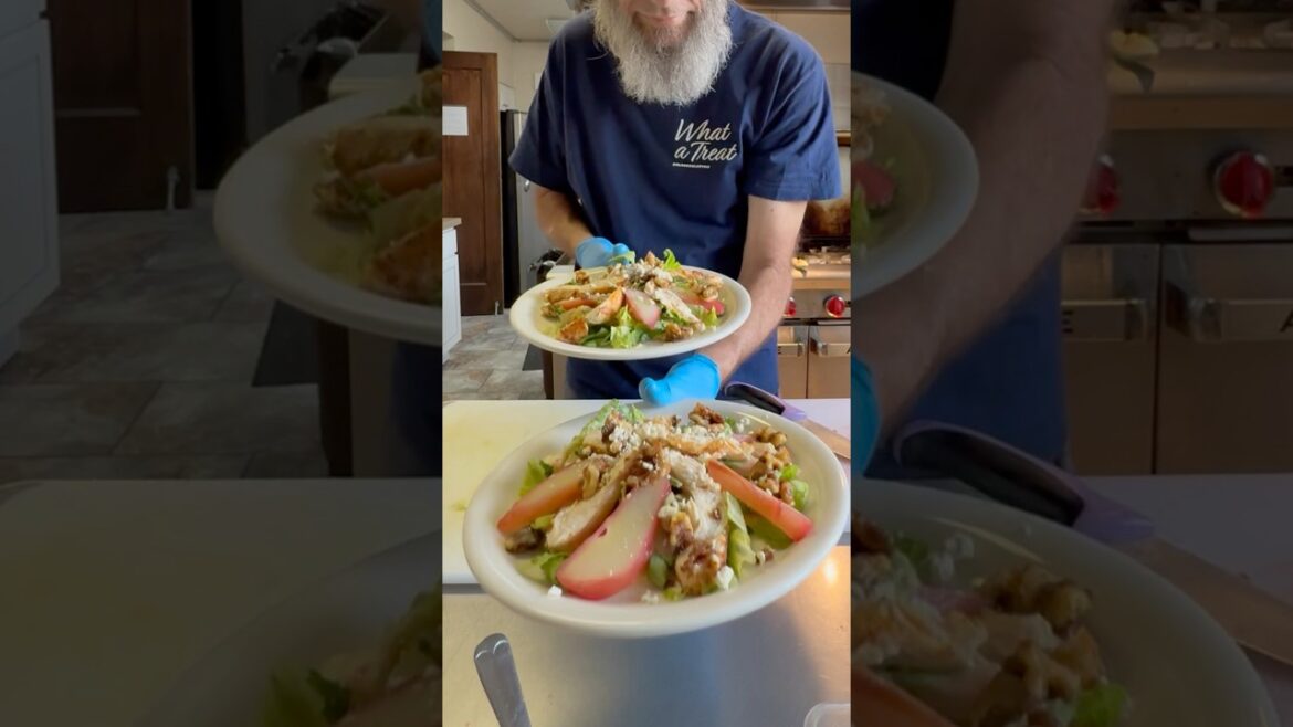 Chicken & Poached Pear Salad with Candied Walnuts, Gorgonzola & Raspberry Vinaigrette