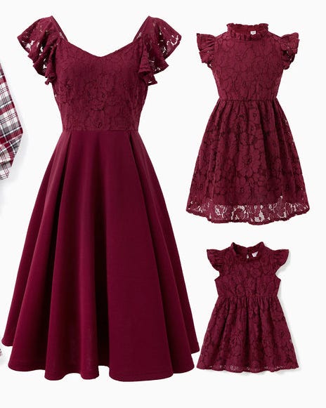 Matching Red Wine Lace Ruffle Dresses