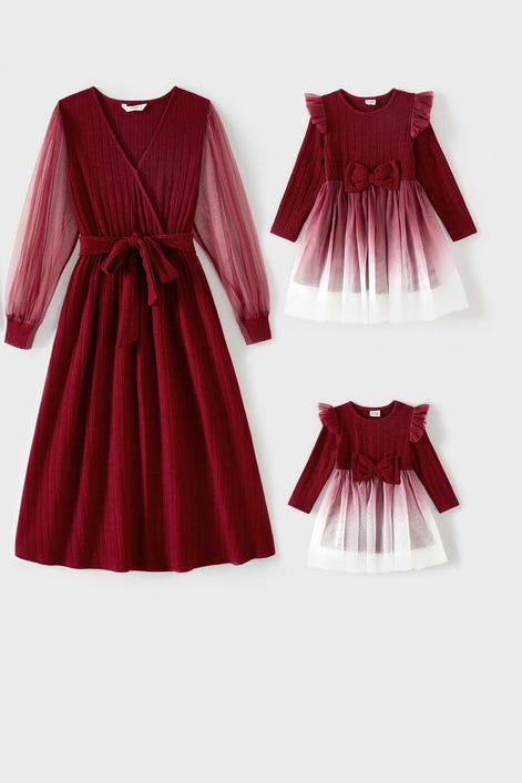 Matching Color-Block Flutter Mesh Dresses 