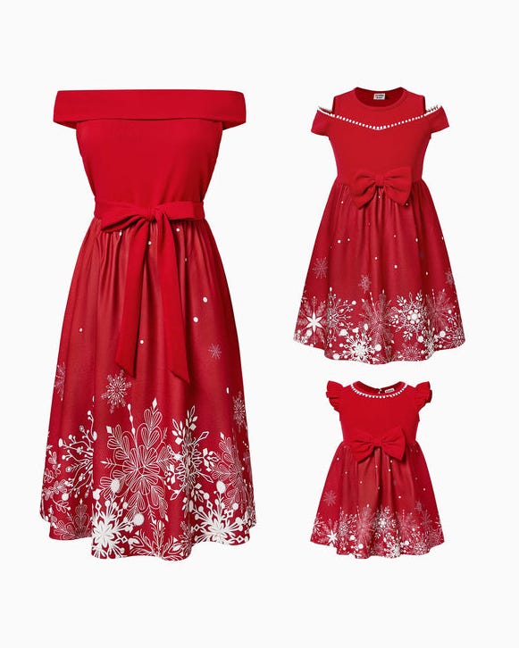 Mommy & Me Snowflake Print Red Dresses